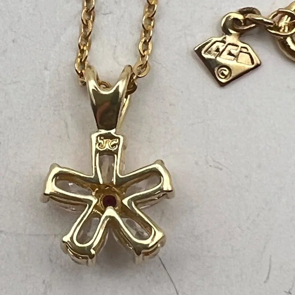 Gold Flower Pendant Necklace Clear CZ Petals Faux Ruby 17" Chain Marked JC & CCI - Picture 5 of 10